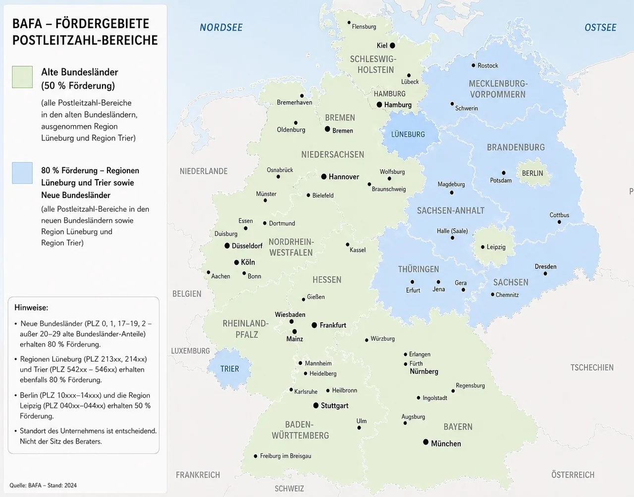 Deutschlandkarte der BAFA-Fördergebiete mit 50 Prozent Förderung in den alten Bundesländern sowie Berlin und Leipzig und 80 Prozent Förderung in den neuen Bundesländern sowie den Regionen Lüneburg und Trier